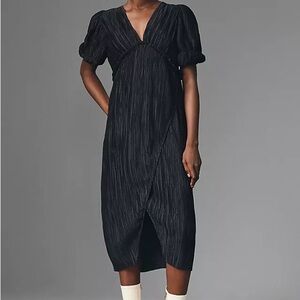 Anthropologie Black Pleated Faux Wrap Midi Dress Size M Petite NWT